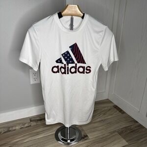 Adidas Youth M 10/12 USA Flag Logo T-Shirt White Climalite Short Sleeve
